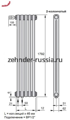 Вертикальный радиатор Zehnder 2180 / 12 V001 нижнее подключение с термовентилем